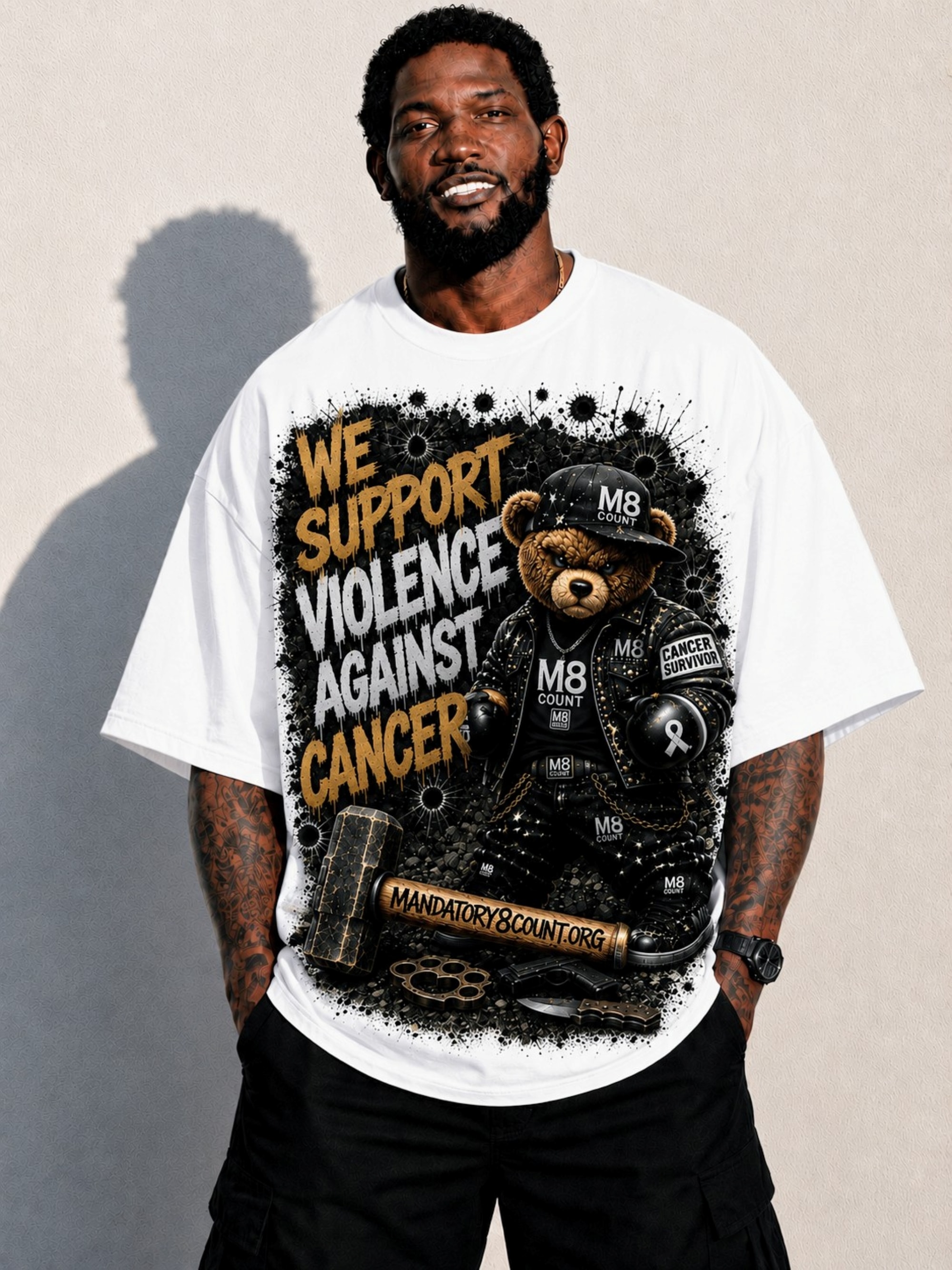 Erickson 'The Hammer' Lubin wearing the M8 Count Foundation 'We Support Violence Against Cancer' t-shirt