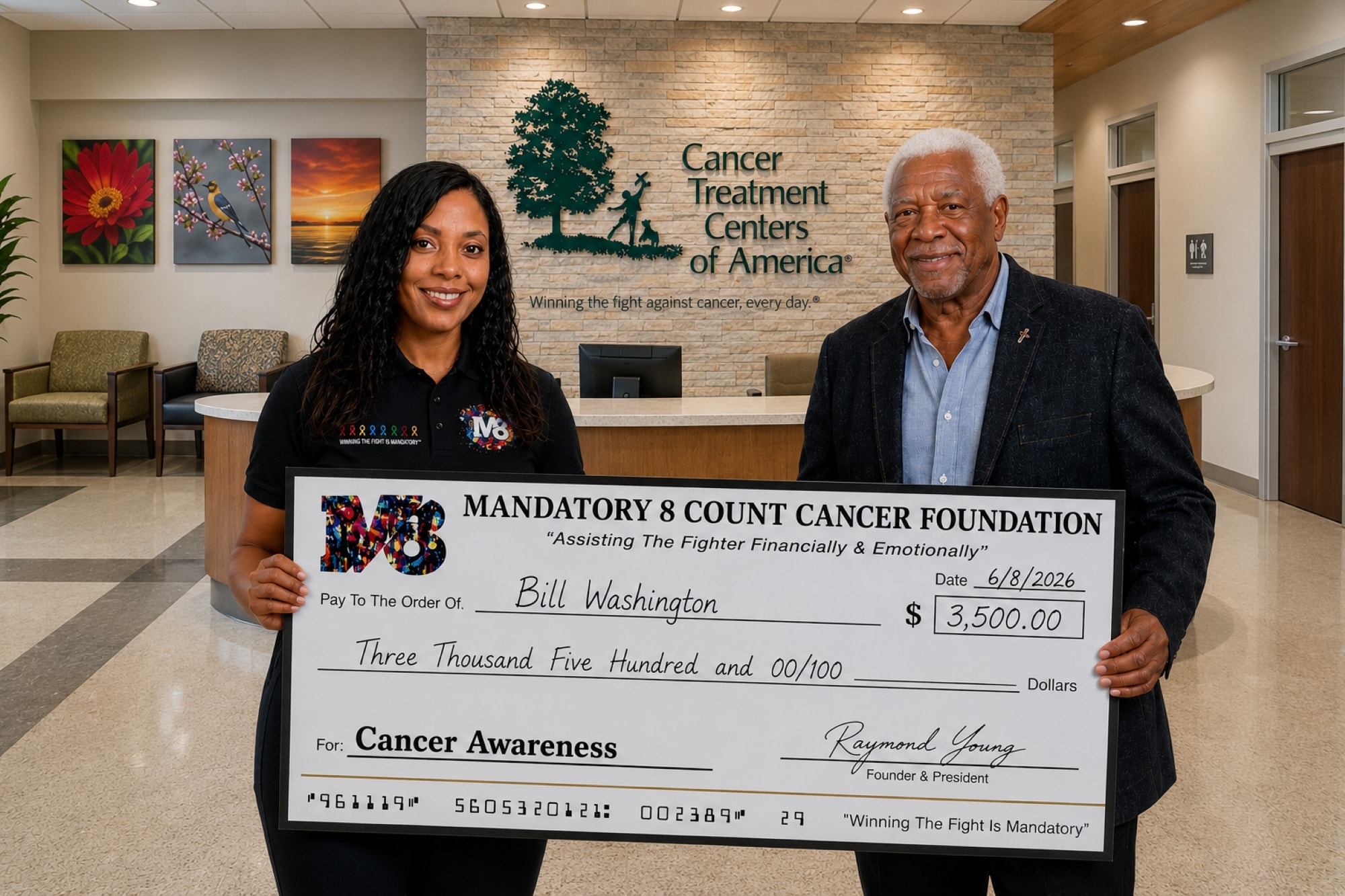 Deja Monet Harris and Bill Washington holding a $3,500 grant check from the Mandatory 8 Count Cancer Foundation at Banner Health — signed by Founder Ray Young
