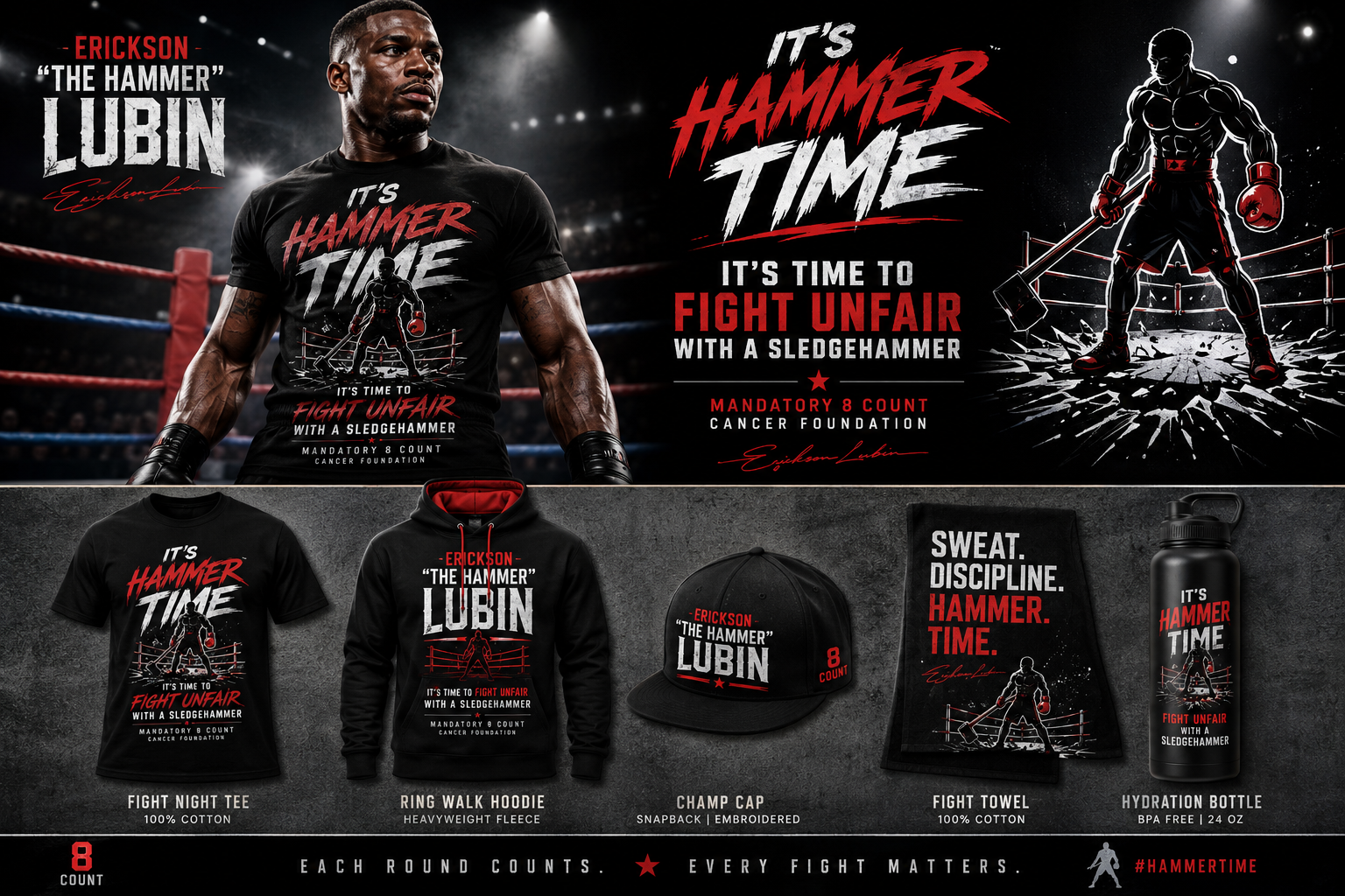 Erickson The Hammer Lubin cancer fighting series — It's Hammer Time t-shirt and merchandise collection