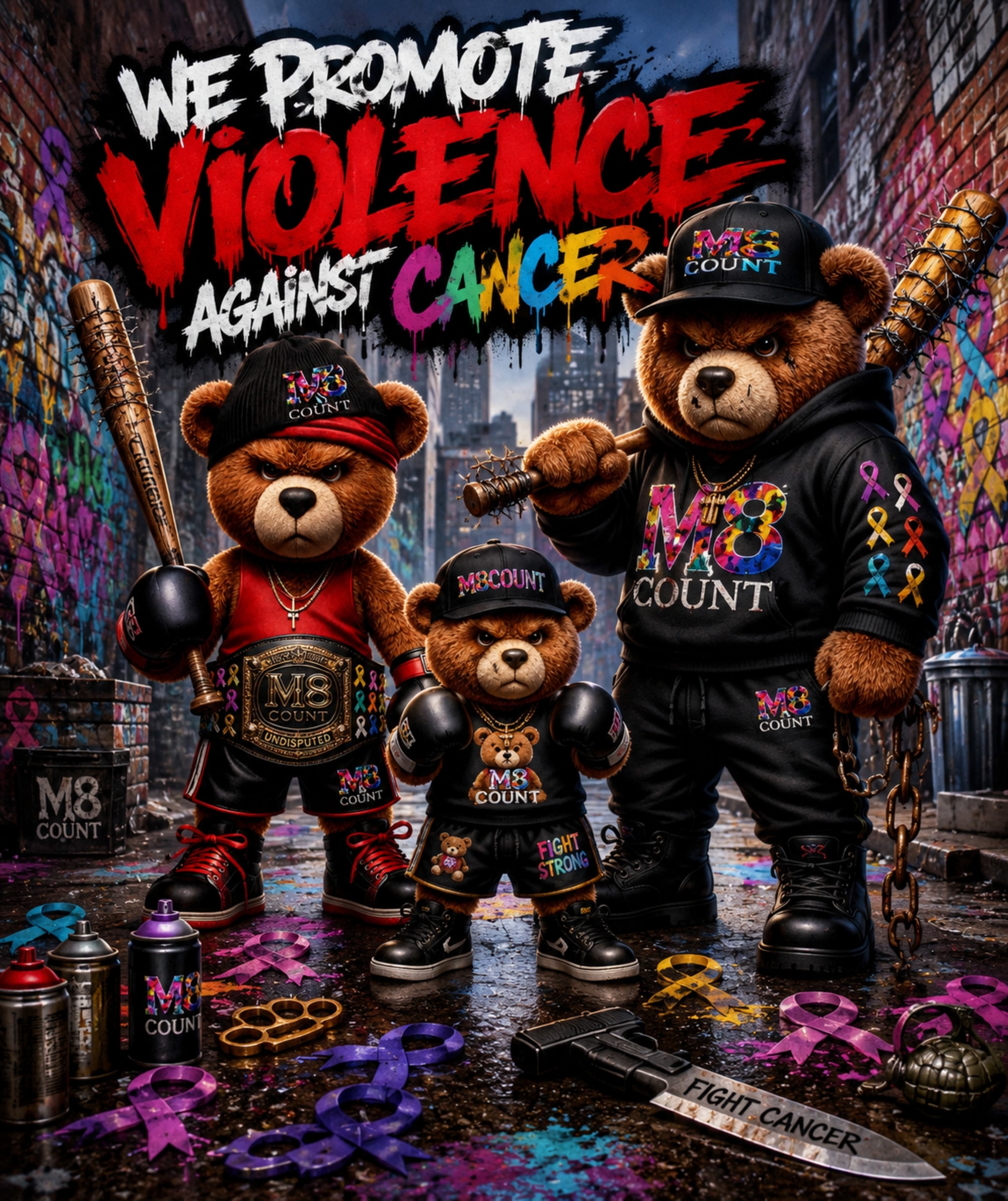 M8 Count bears with We Promote Violence Against Cancer graffiti street art t-shirt design