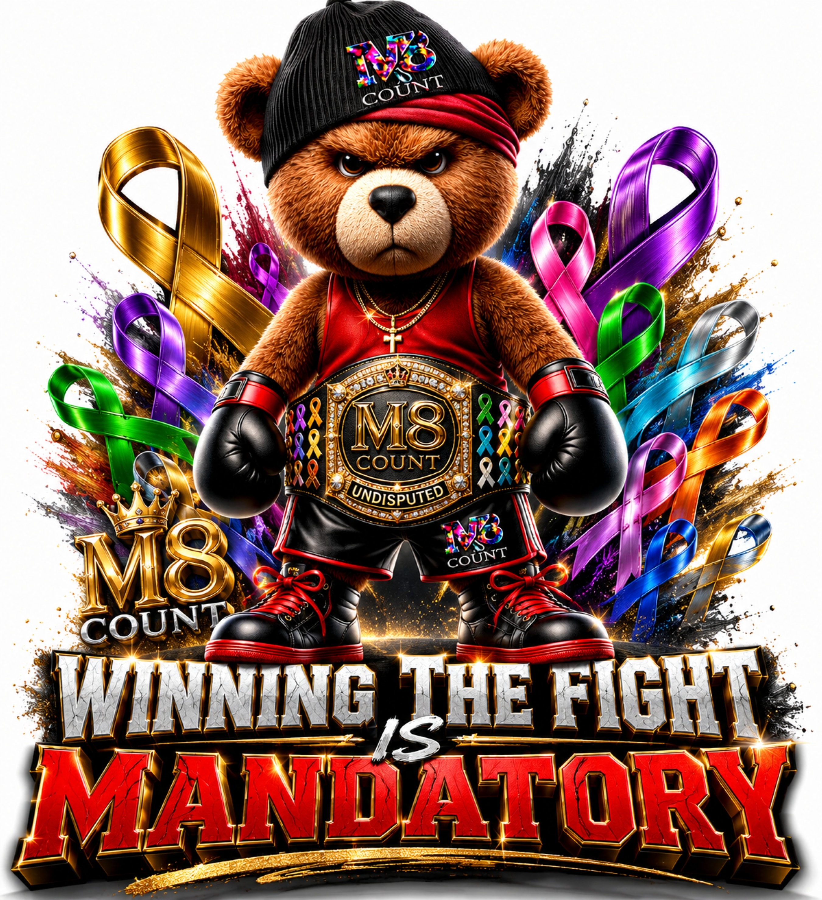 M8 Count boxing bear mascot with championship belt and cancer awareness ribbons — Winning The Fight Is Mandatory t-shirt design